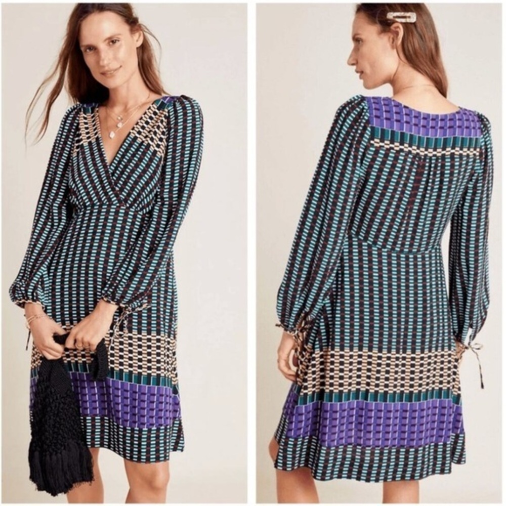 💋Anthropologie Black and Purple Patterned Mini Dress